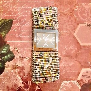 Colourful Beaded Safety Pin Silver Wrist Watch